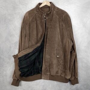 Orvis Jacket Mens 2XL Brown Suede Bomber Plaid Lined Full Zip Stand Collar